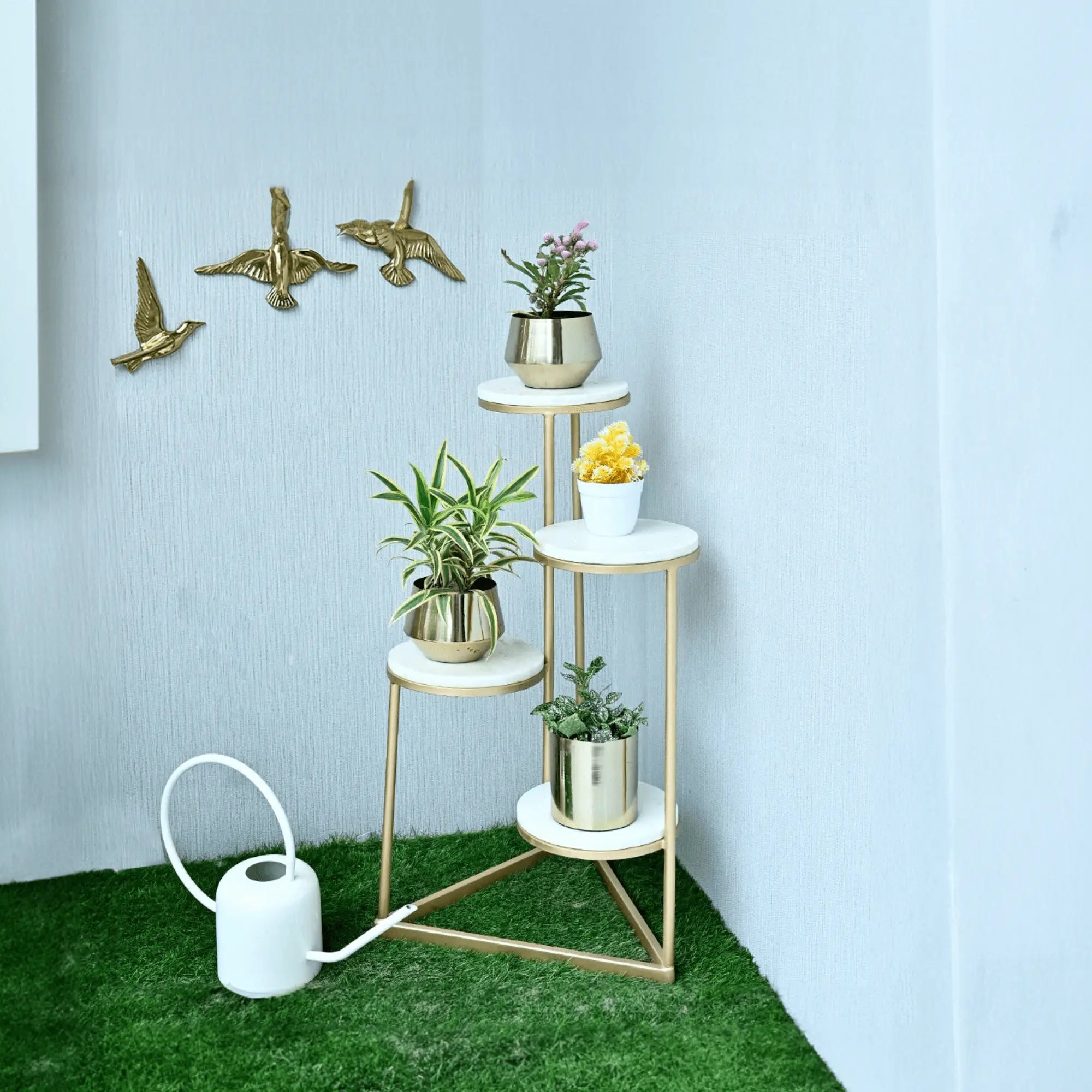 Beautiful Premium Looking Sturdy Metal Planter Stand With White Round Marble At Top - 4 Tier - Decor Mantra 