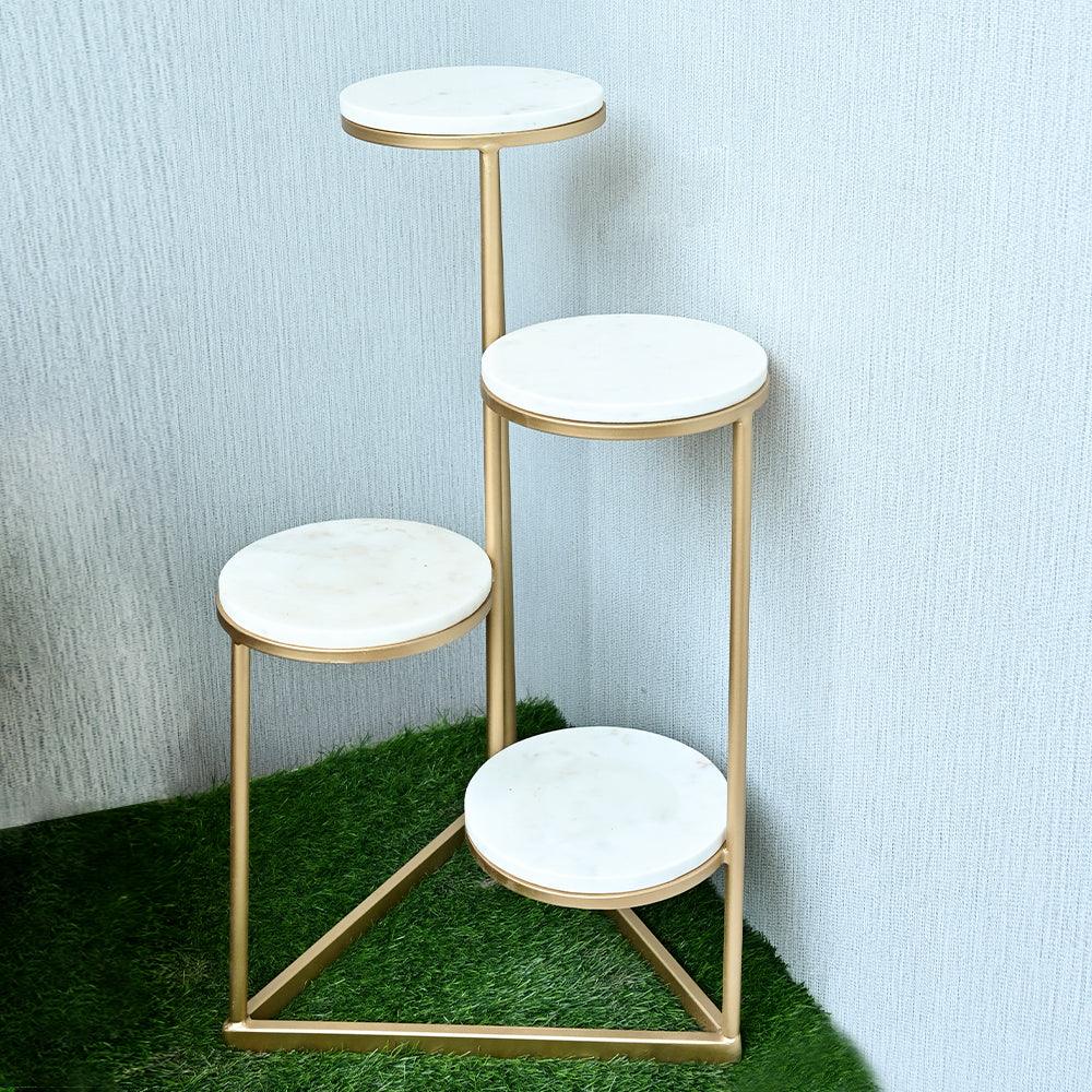 Beautiful Premium Looking Sturdy Metal Planter Stand With White Round Marble At Top - 4 Tier - Decor Mantra 