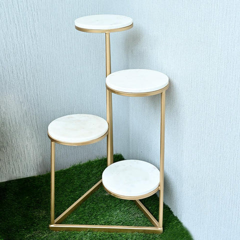 Beautiful Premium Looking Sturdy Metal Planter Stand With White Round Marble At Top - 4 Tier - Decor Mantra 