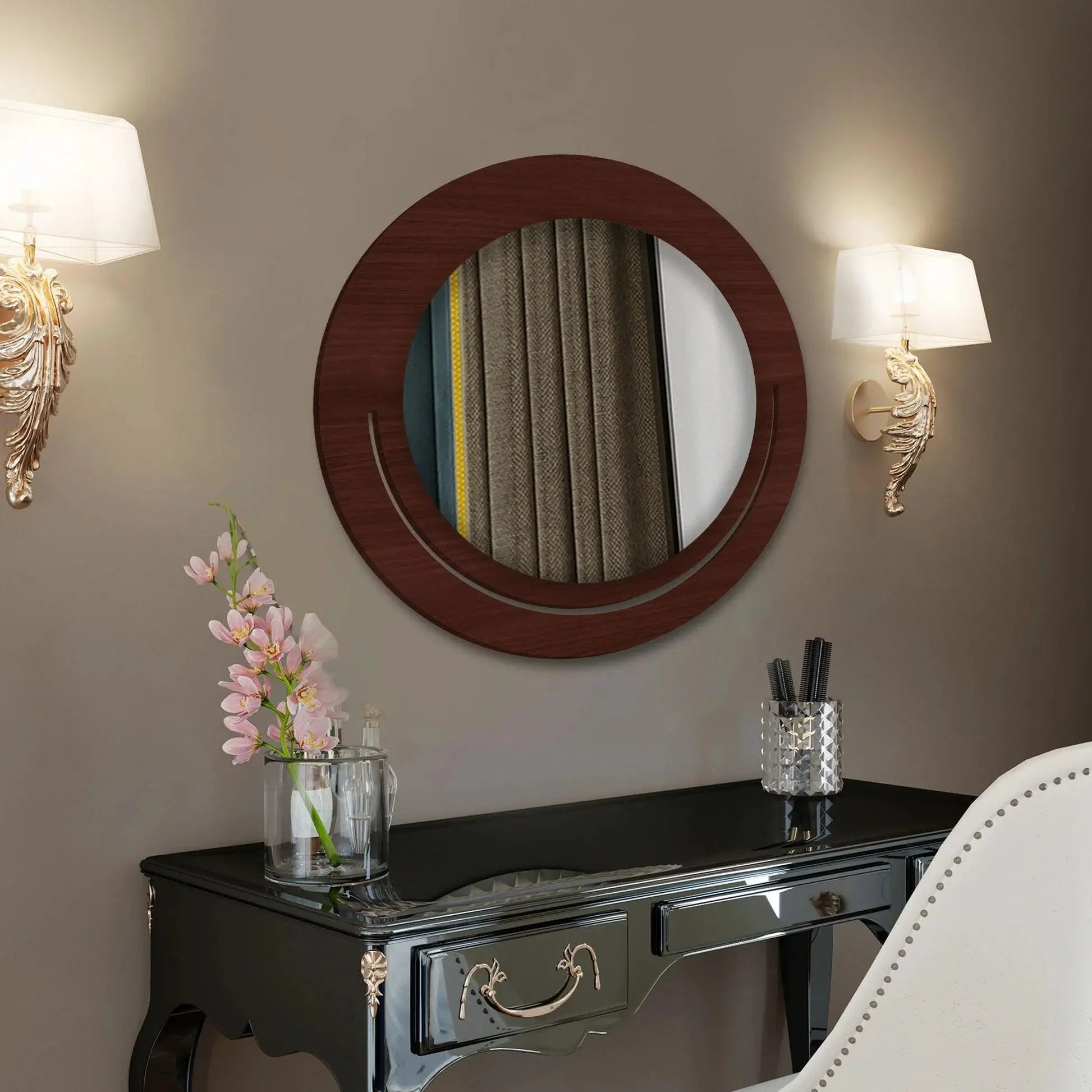 Beautiful Rounded Shape Designer Vanity Wooden Wall Mirror - Decor Mantra 
