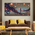 Beautiful Wall Painting of Man Walking on Tree with many Lanterns Background