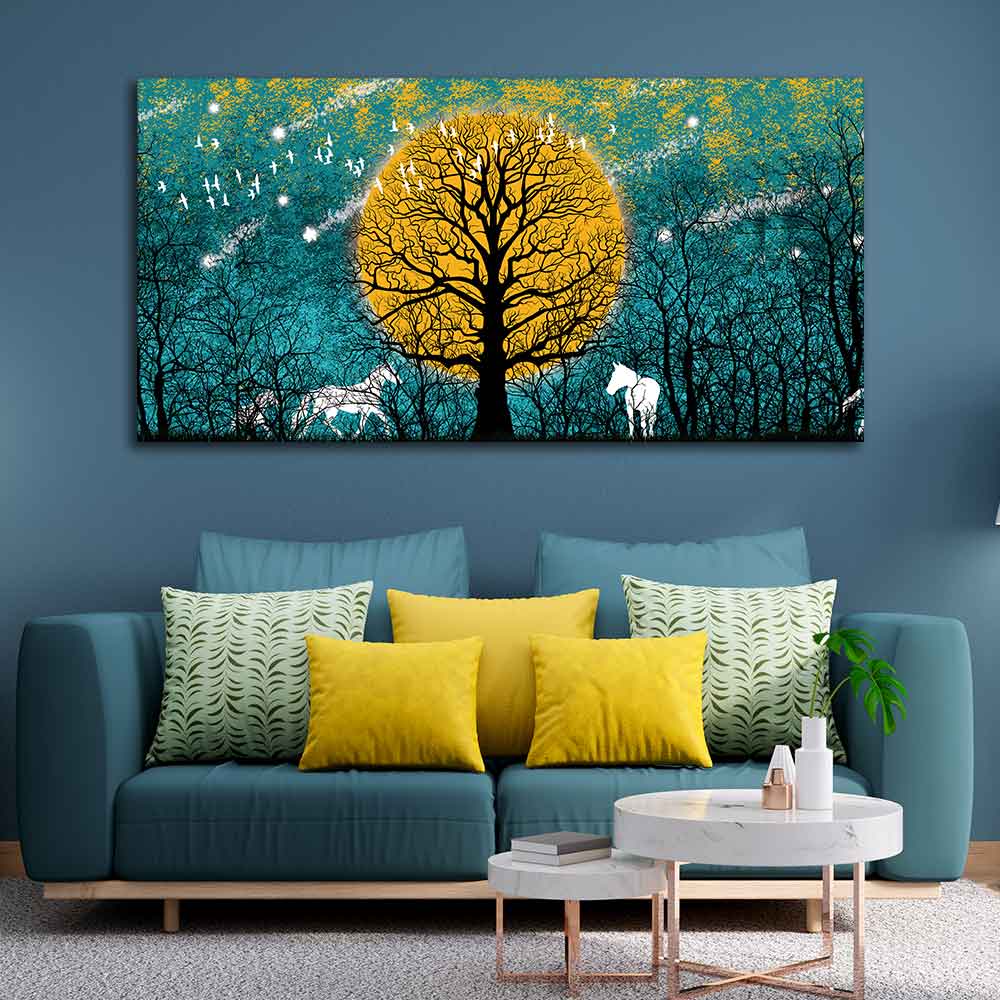 Beautiful White Horses in Forest Premium Wall Painting Harshita Crafts