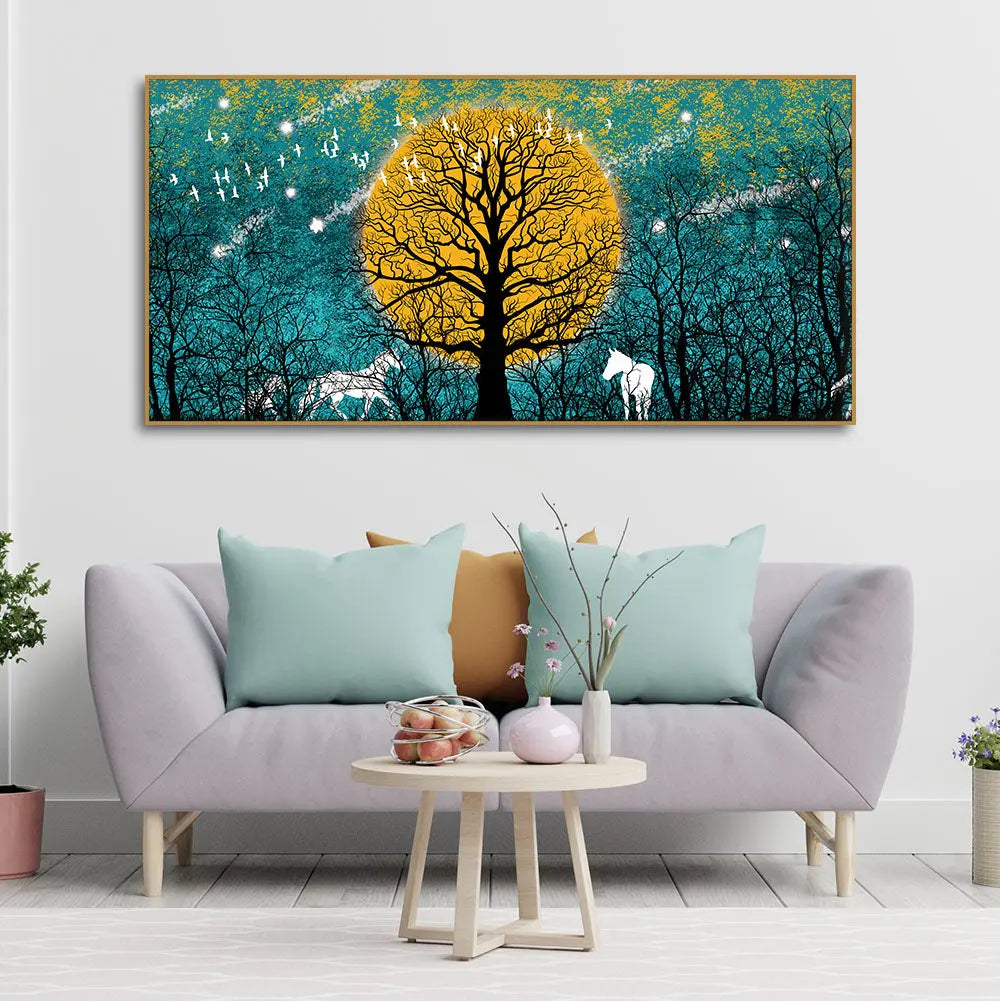 Beautiful White Horses in Forest Premium Wall Painting Harshita Crafts