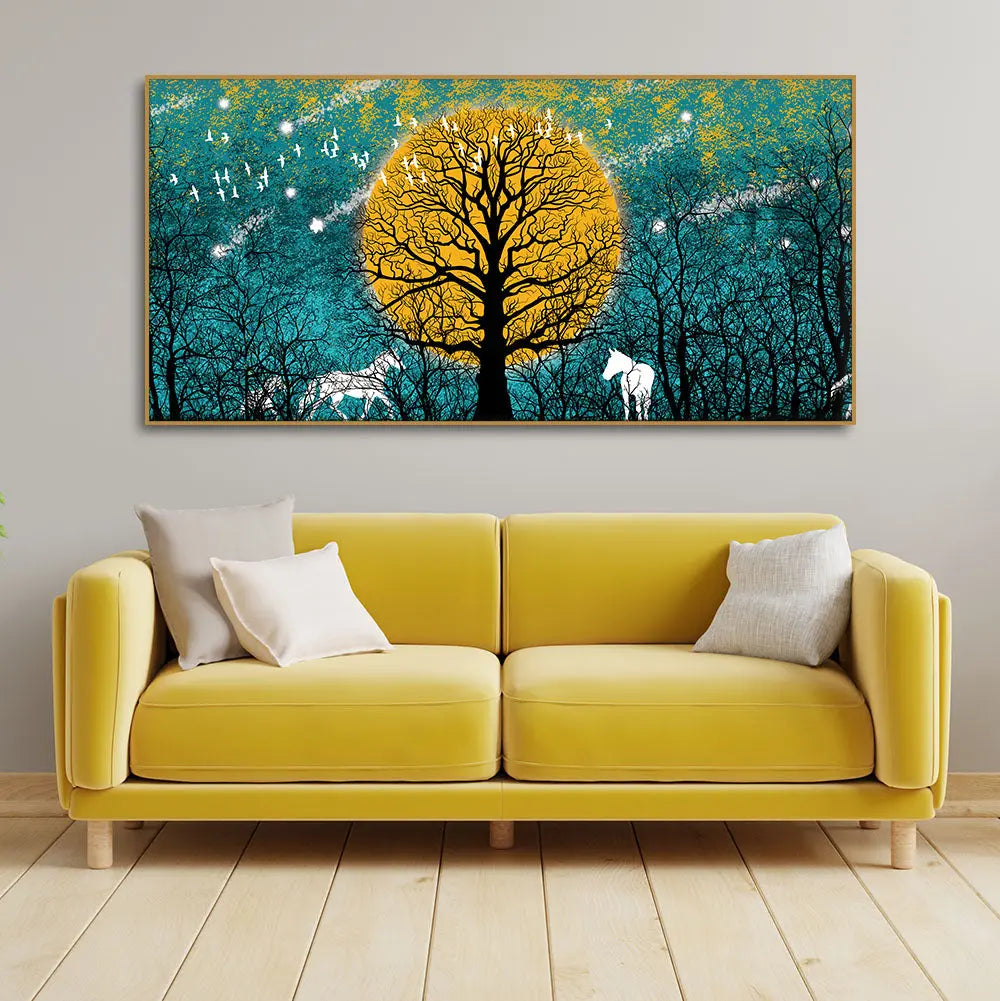 Beautiful White Horses in Forest Premium Wall Painting Harshita Crafts