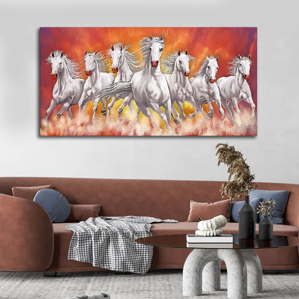 Beautiful White Seven Running Horse Premium Canvas Wall Painting Decor Mantra