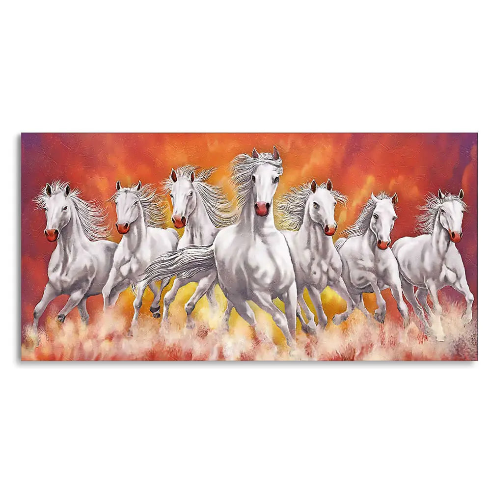 Beautiful White Seven Running Horse Premium Canvas Wall Painting Decor Mantra