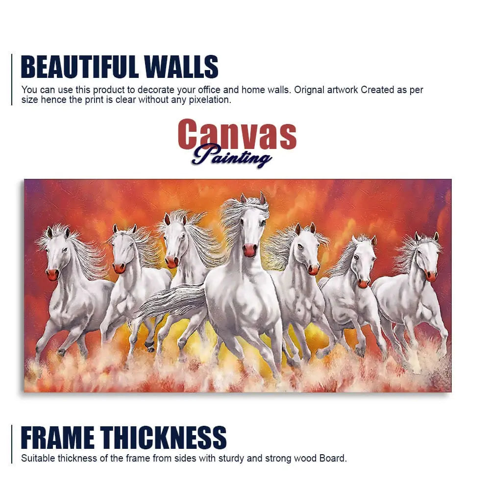 Beautiful White Seven Running Horse Premium Canvas Wall Painting Decor Mantra