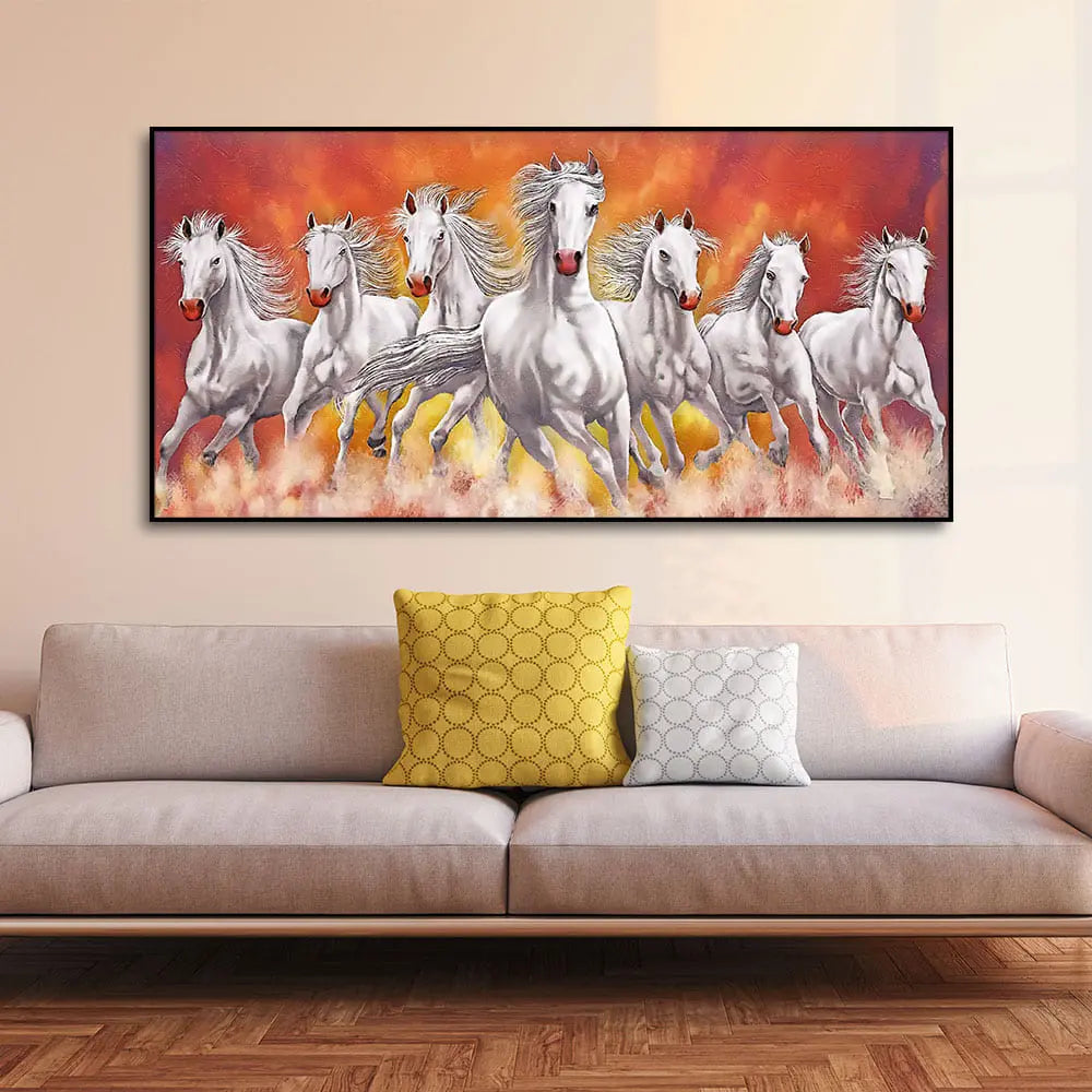 Beautiful White Seven Running Horse Premium Canvas Wall Painting Decor Mantra