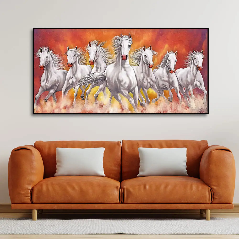 Beautiful White Seven Running Horse Premium Canvas Wall Painting Decor Mantra