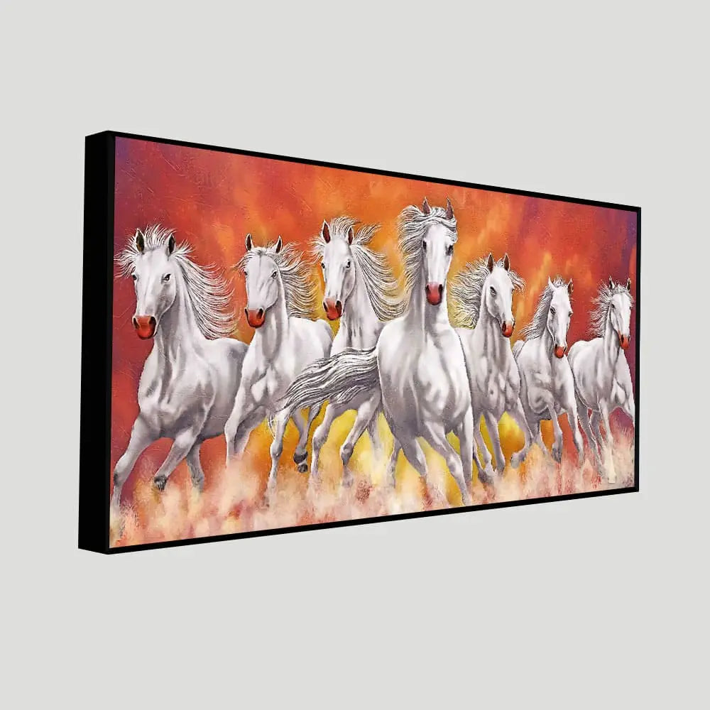 Beautiful White Seven Running Horse Premium Canvas Wall Painting Decor Mantra