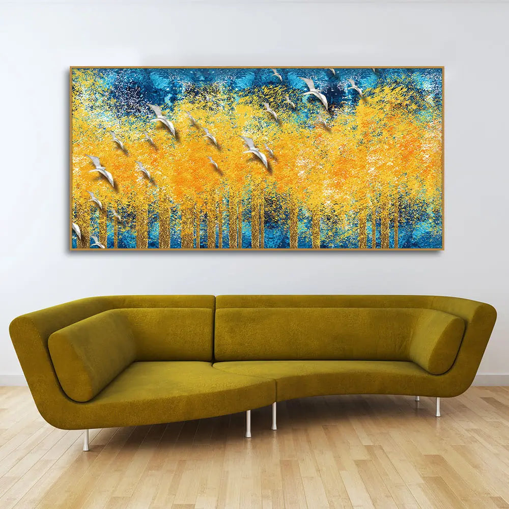 Birds Flying Over Golden Trees Forest Wall Painting Harshita Crafts