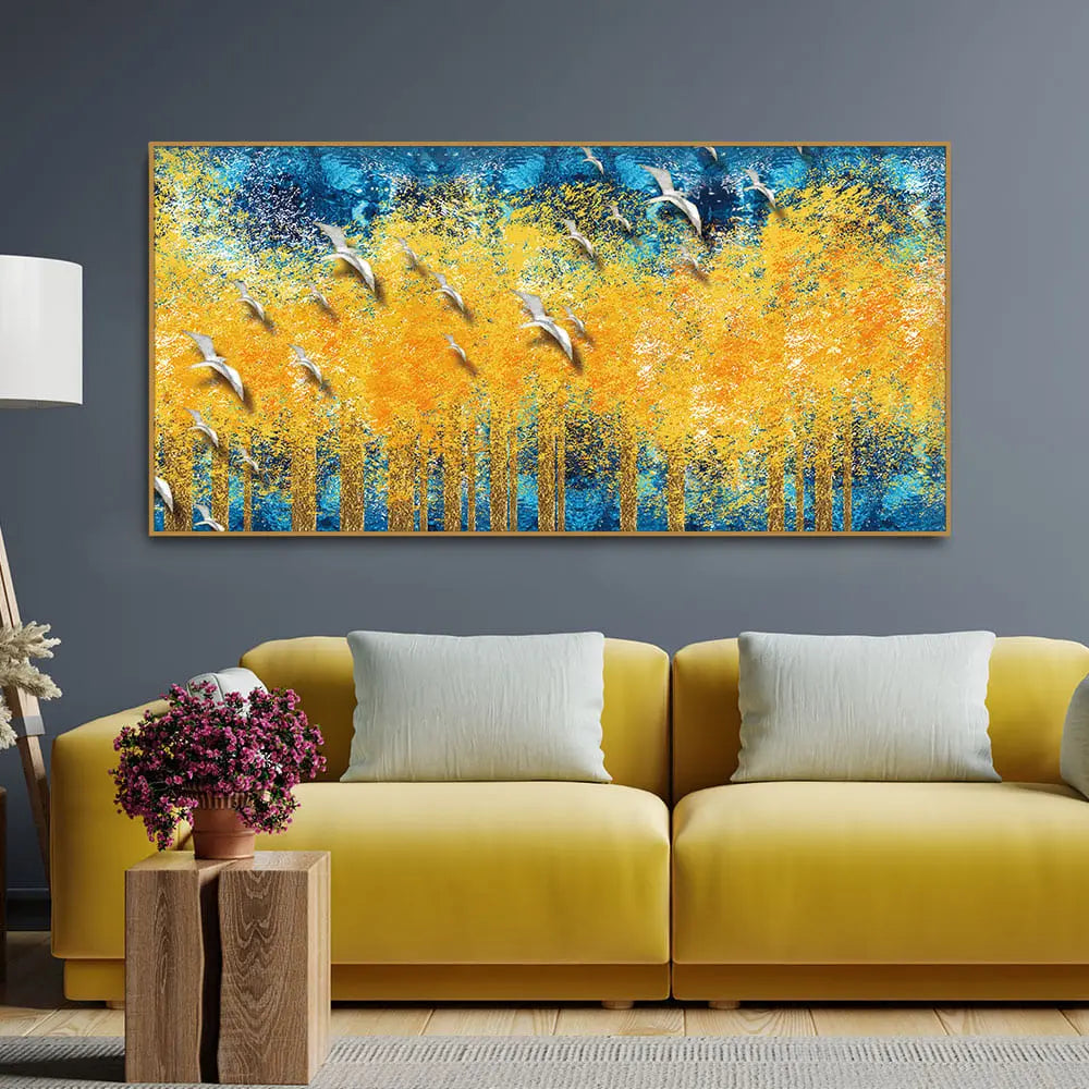 Birds Flying Over Golden Trees Forest Wall Painting Harshita Crafts