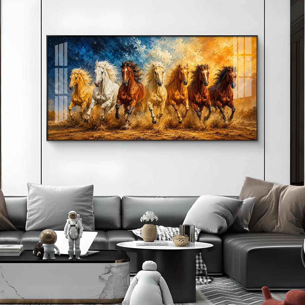 Seven Running Horses Glass Finish Horizontal Wall Art