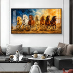 Seven Running Horses Glass Finish Horizontal Wall Art