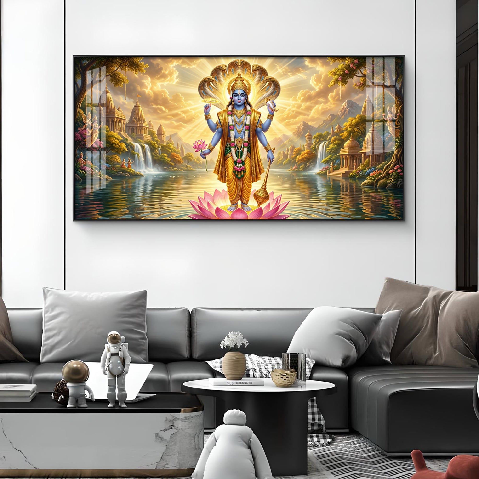 Lord Vishnu Glass Finish Horizontal Wall Art