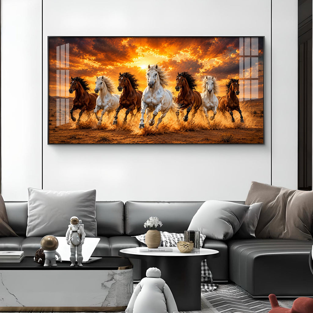 7 Running Horses Glass Finish Horizontal Wall Art