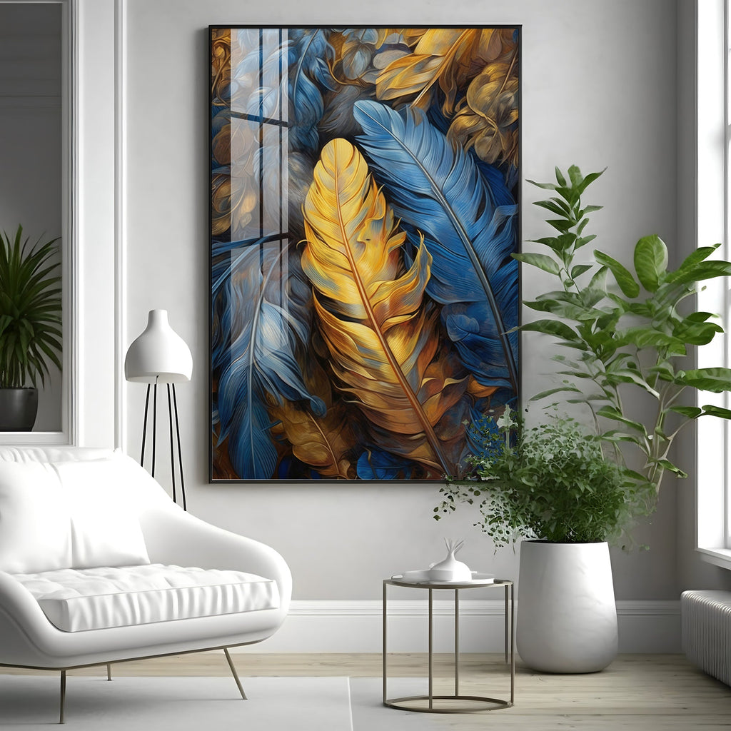 Blue & Yellow Feathers Premium Acrylic Vertical Wall Art