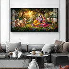 Radha and Krishna In Serene Forest Glass Finish Horizontal Wall Art