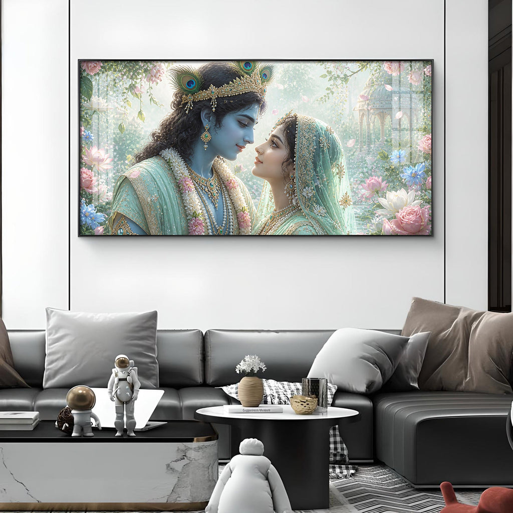 God Radha Krishna Glass Finish Horizontal Wall Art