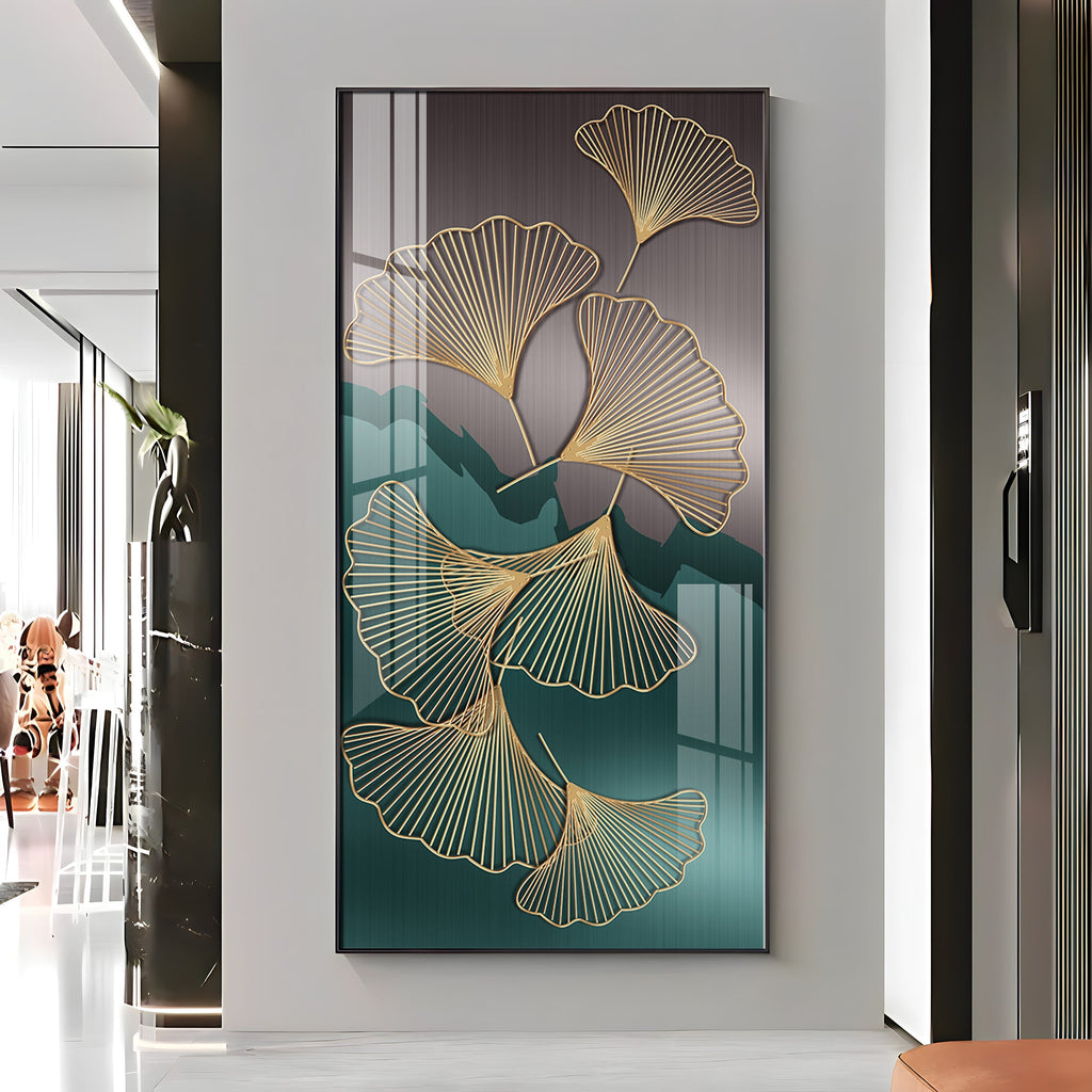 Golden Ginkgo Leaves With Dark green Premium Acrylic Vertical Wall Art