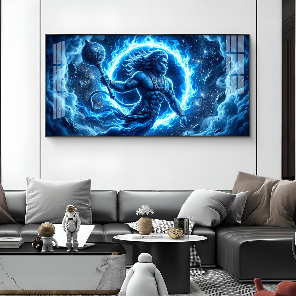 Depicts Lord Hanuman Glass Finish Horizontal Wall Art