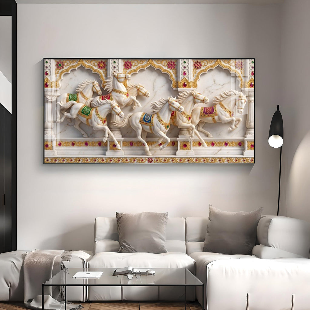 Seven White Horses Vastu Glass Finish Horizontal Wall Art