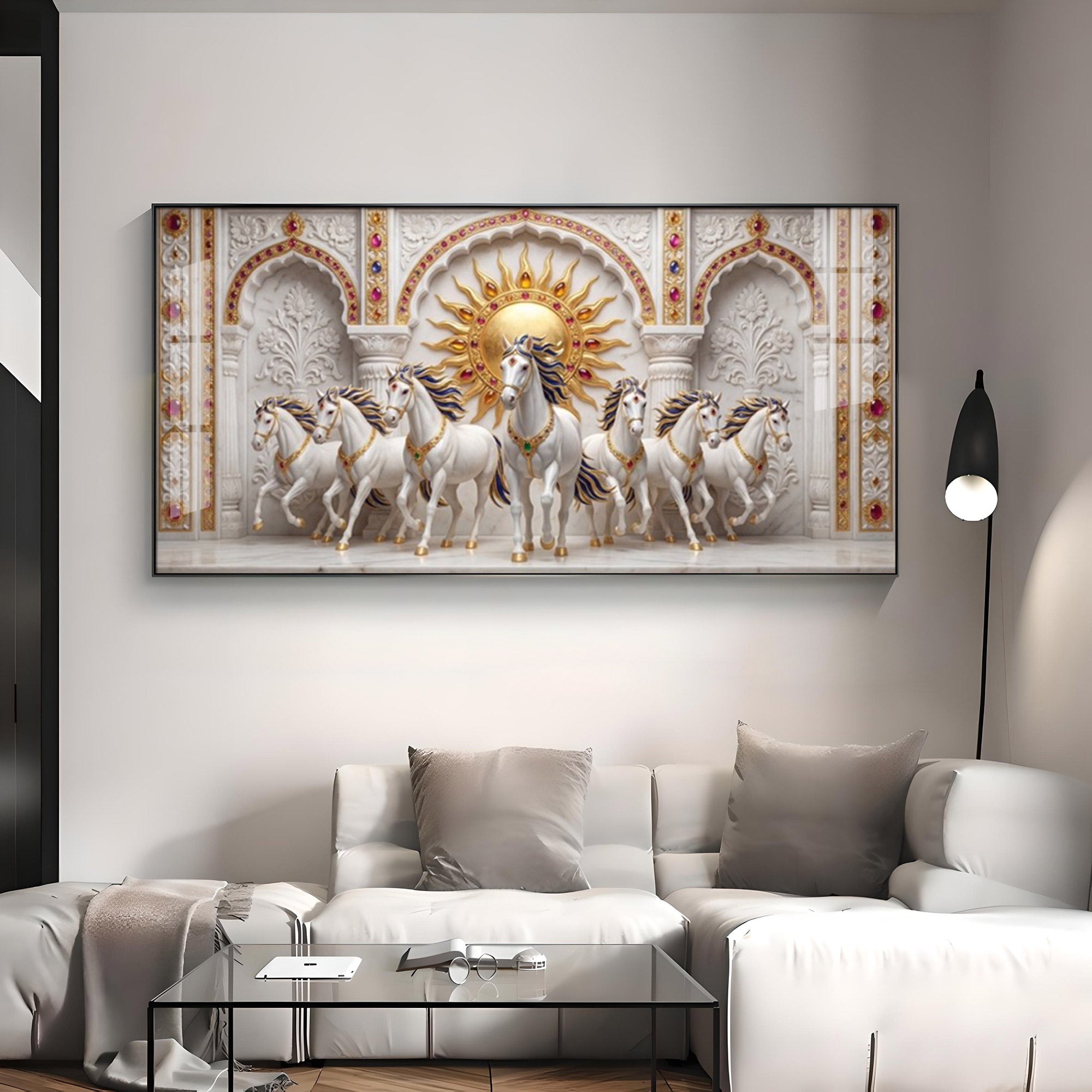 Beautiful White Running Horses Vastu Glass Finish Horizontal Wall Art