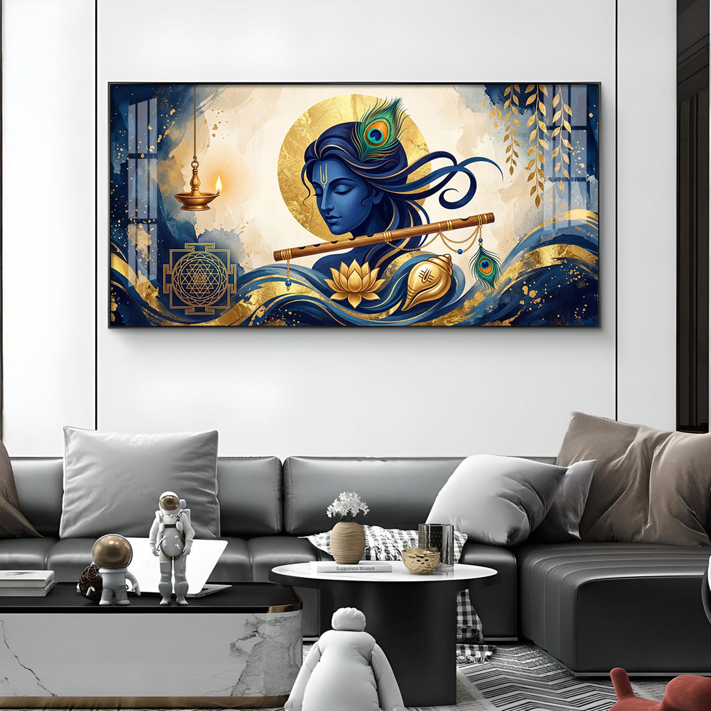 Lord Krishna With Yantra Glass Finish Horizontal Wall Art