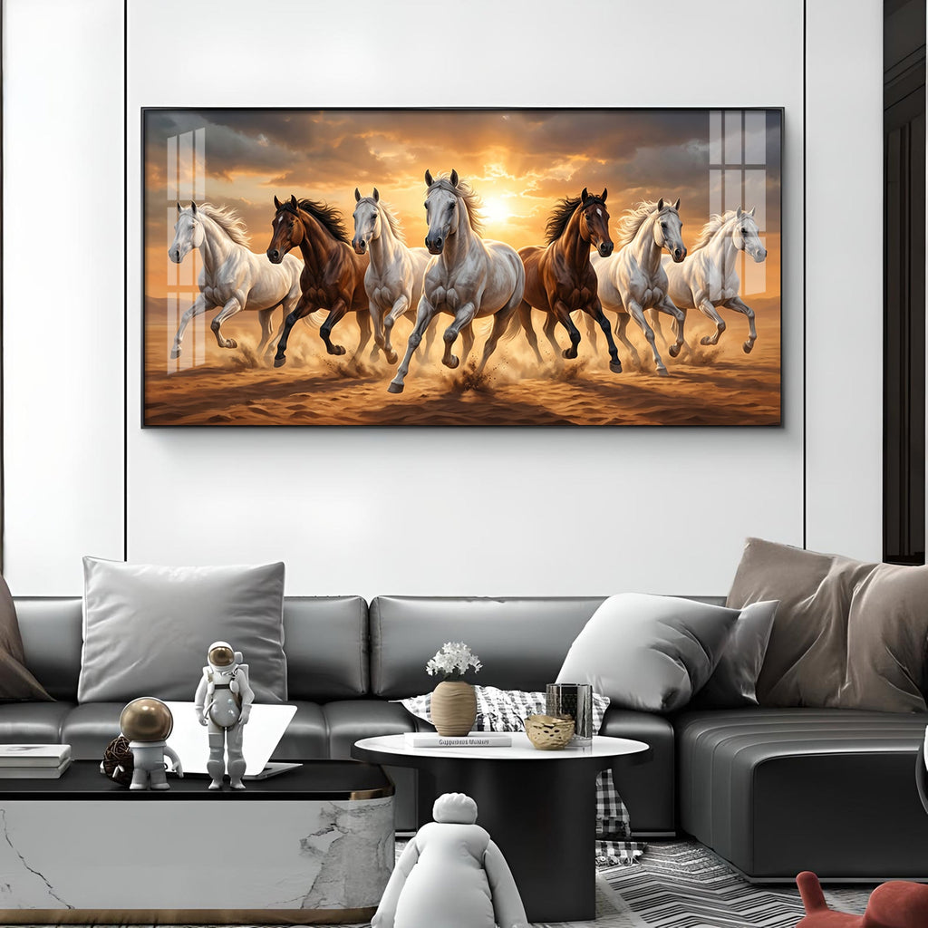 Running Horses In A Golden Sunset Glass Finish Horizontal Wall Art