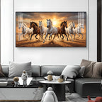 Running Horses In A Golden Sunset Glass Finish Horizontal Wall Art