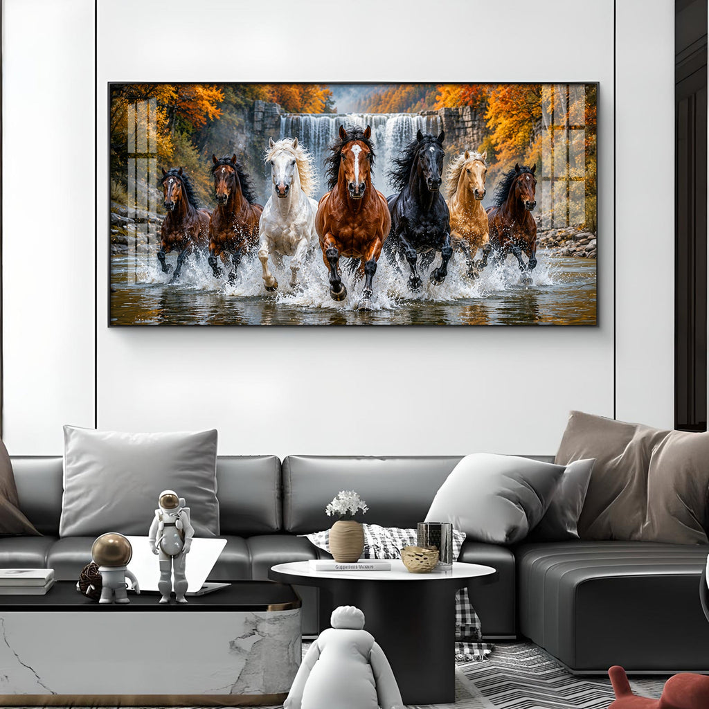 Seven-Horse Running Glass Finish Horizontal Wall Art