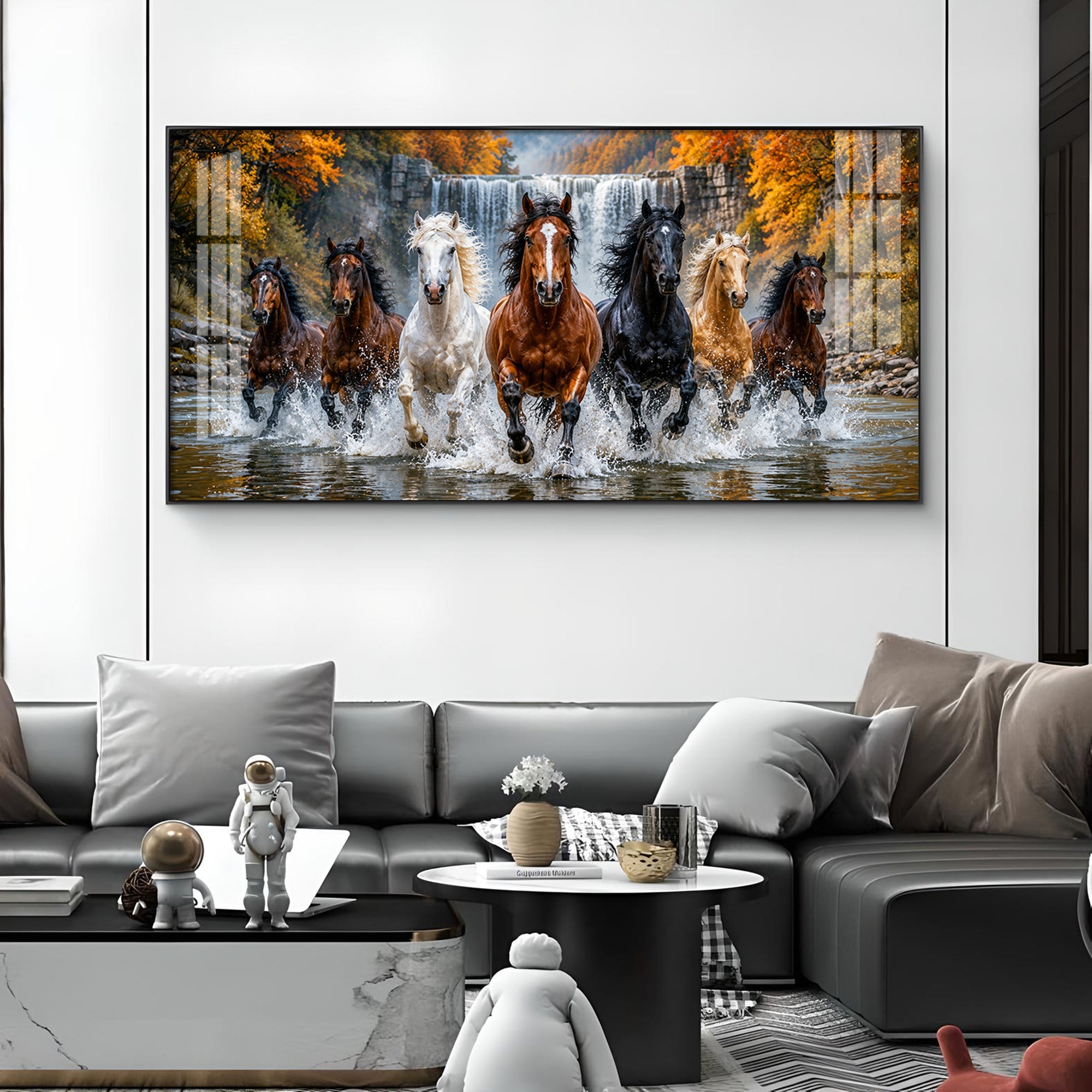 Seven-Horse Running Glass Finish Horizontal Wall Art