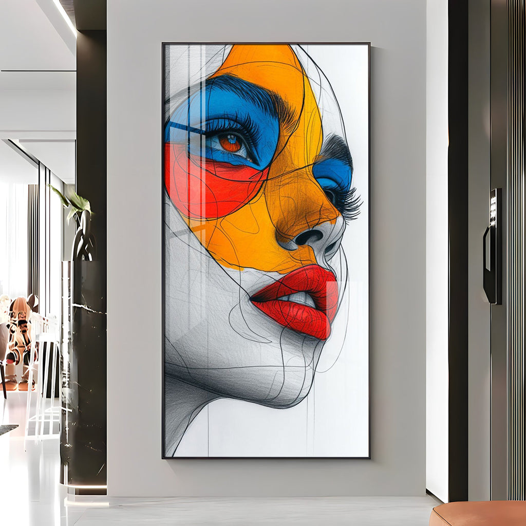 Vibrant Geometric Mask Girl Premium Acrylic Vertical Wall Art