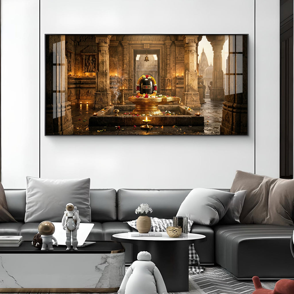 Shivling Temple Mystical Presence Glass Finish Horizontal Wall Art