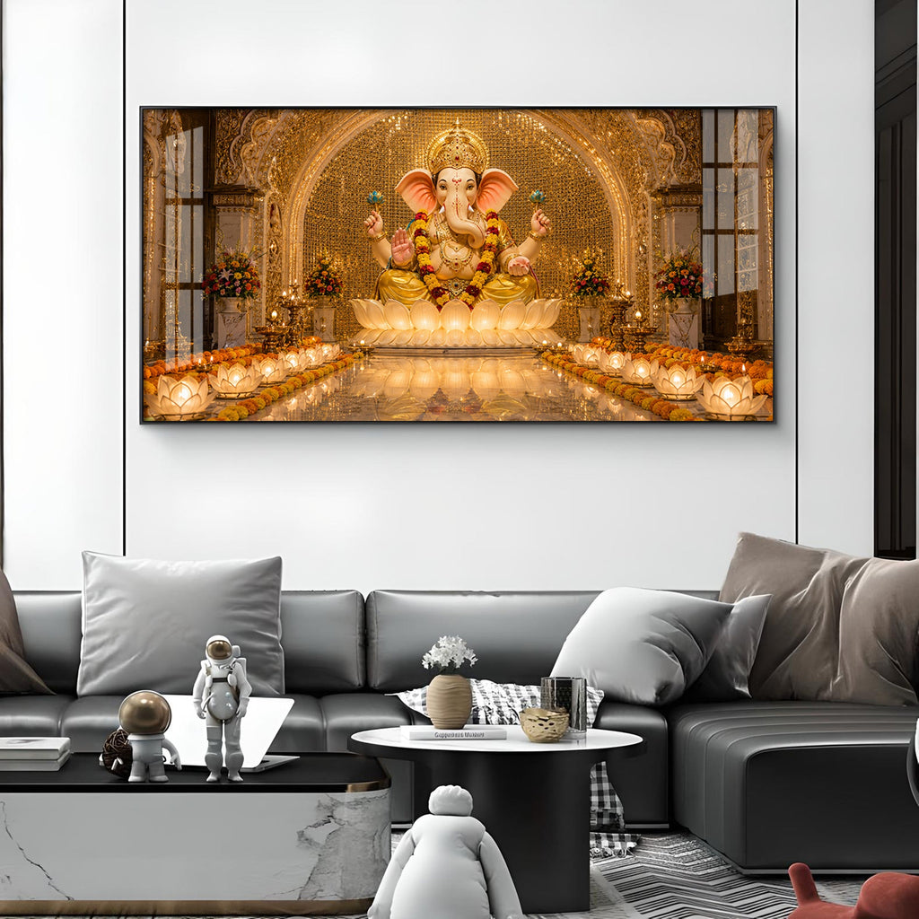 Lord Ganesha In A Golden Temple Glass Finish Horizontal Wall Art
