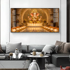 Lord Ganesha In A Golden Temple Glass Finish Horizontal Wall Art
