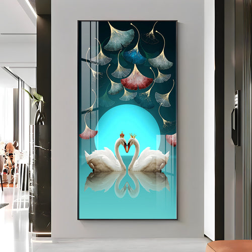Couple Swan With Ginkgo Leaves Premium Acrylic Vertical Wall Art