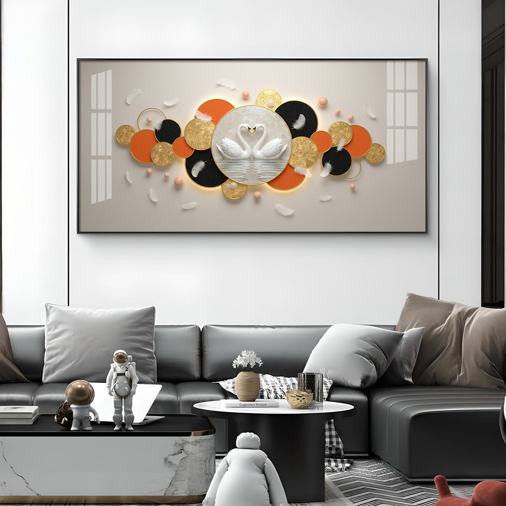 Pair Of White Swan Glass Finish Horizontal Wall Art