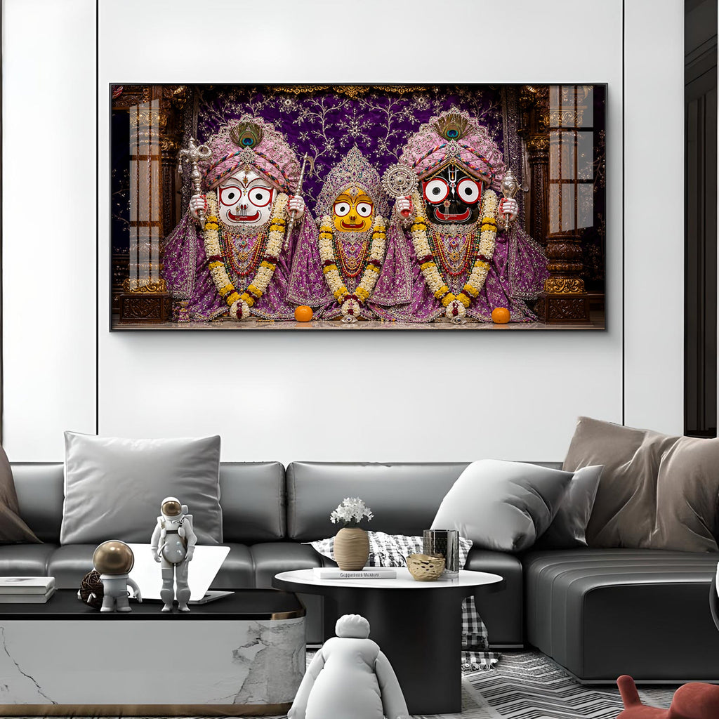 Hindu Deities Lord Jagannath, Subhadra & Balabhadra Glass Finish Horizontal Wall Art