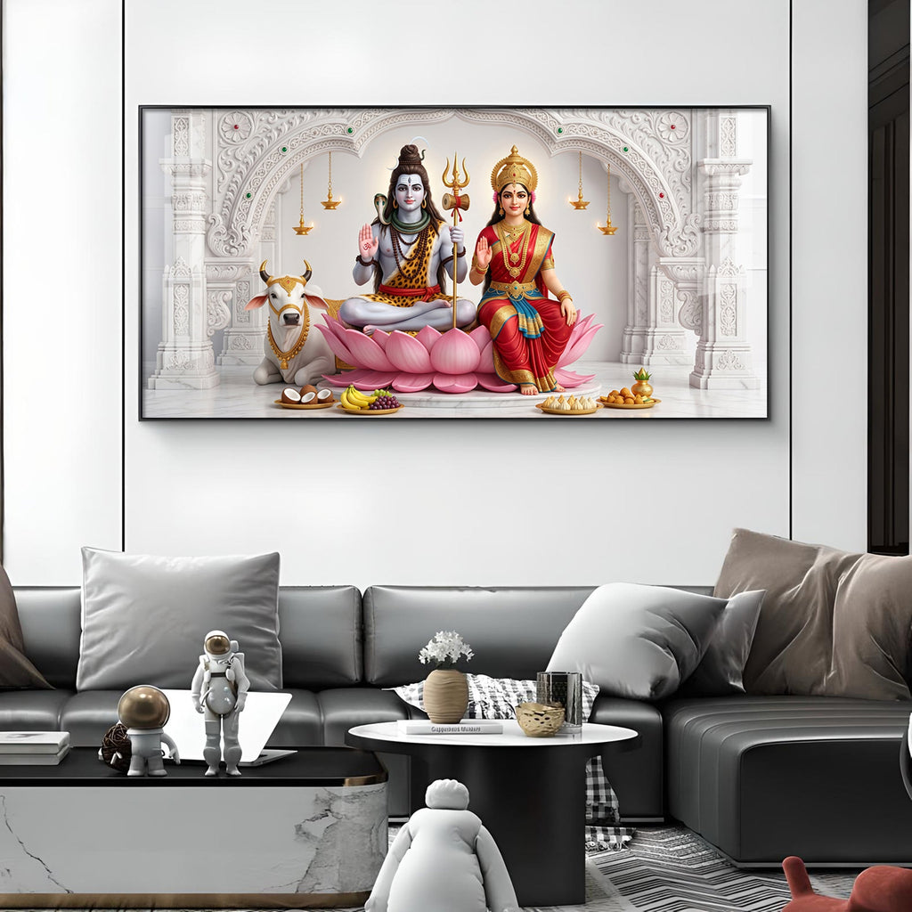 Lord Shiva & Goddess Parvati Glass Finish Horizontal Wall Art