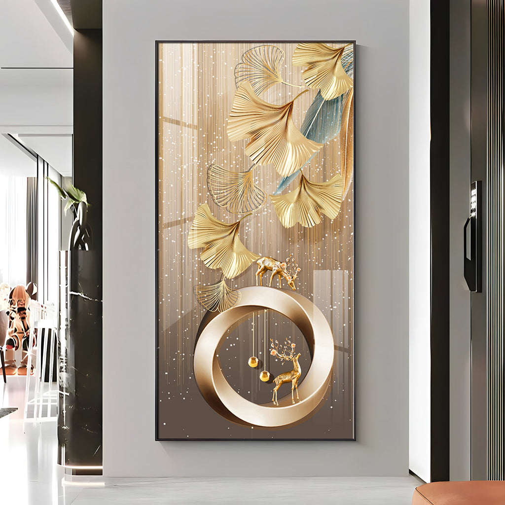 Golden Deer With Leaf Premium Acrylic Vertical Wall Art
