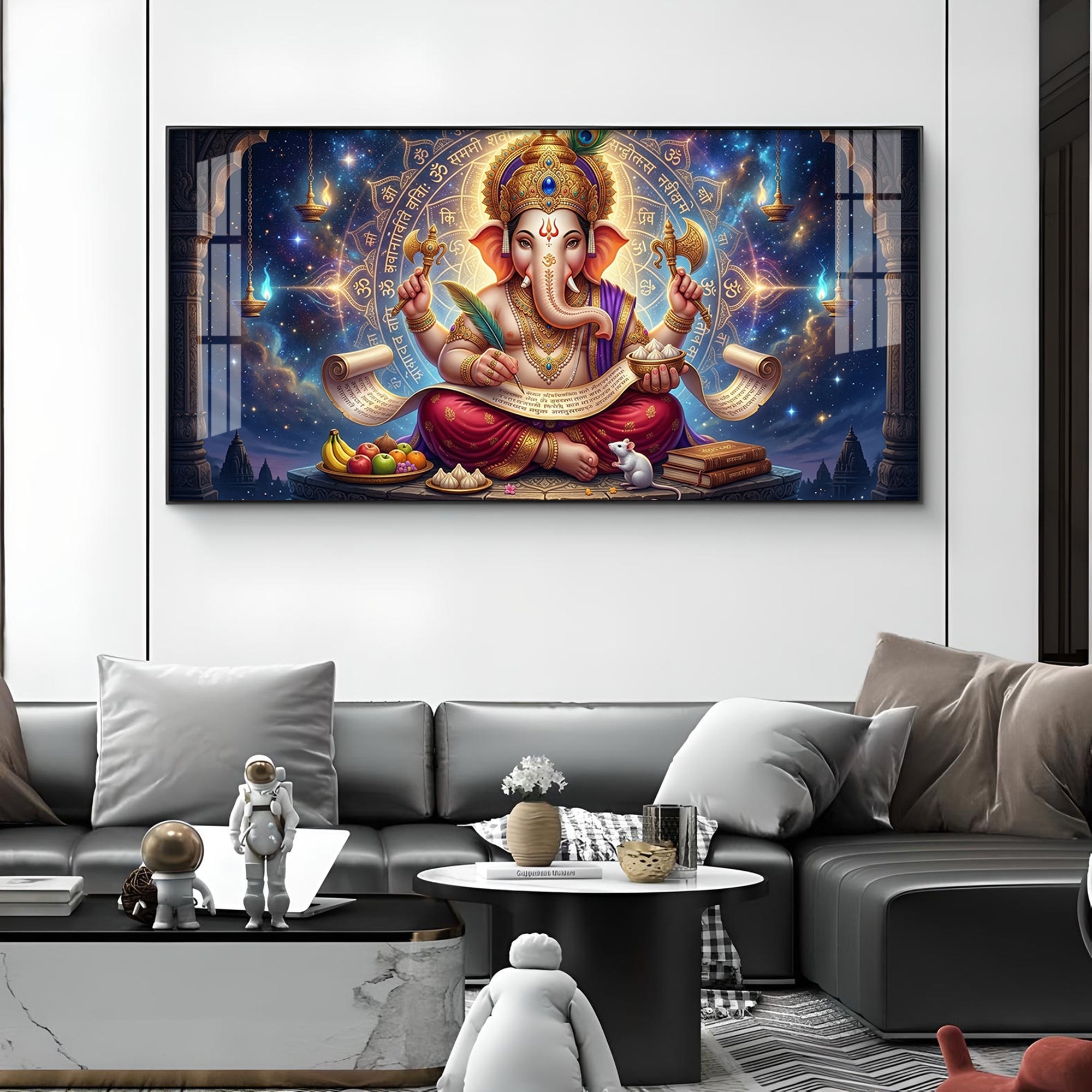 Lord Ganesha Glass Finish Horizontal Wall Art