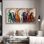 Seven Colorful Horses Vastu Glass Finish Horizontal Wall Art