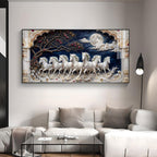 Beautiful Seven White Horses Vastu Glass Finish Horizontal Wall Art