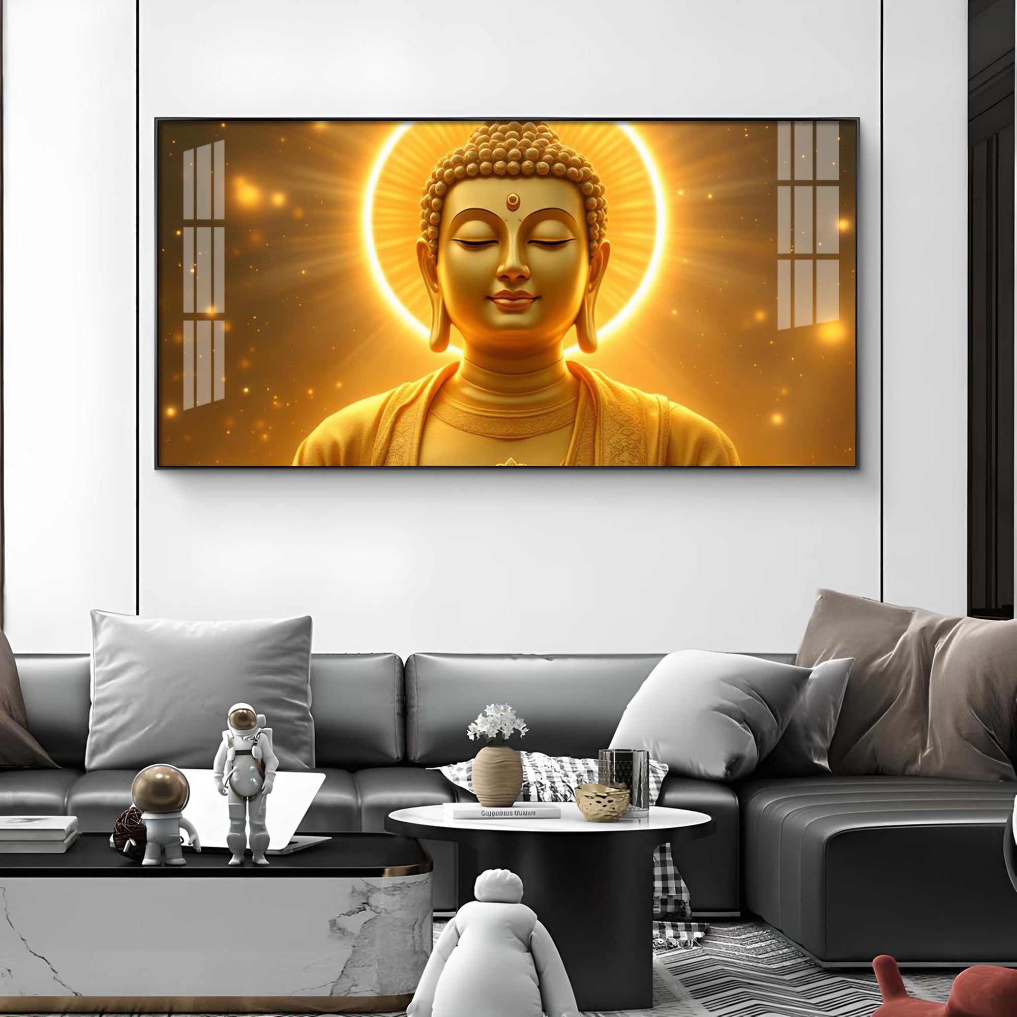 Divine Golden Buddha Glass Finish Horizontal Wall Art