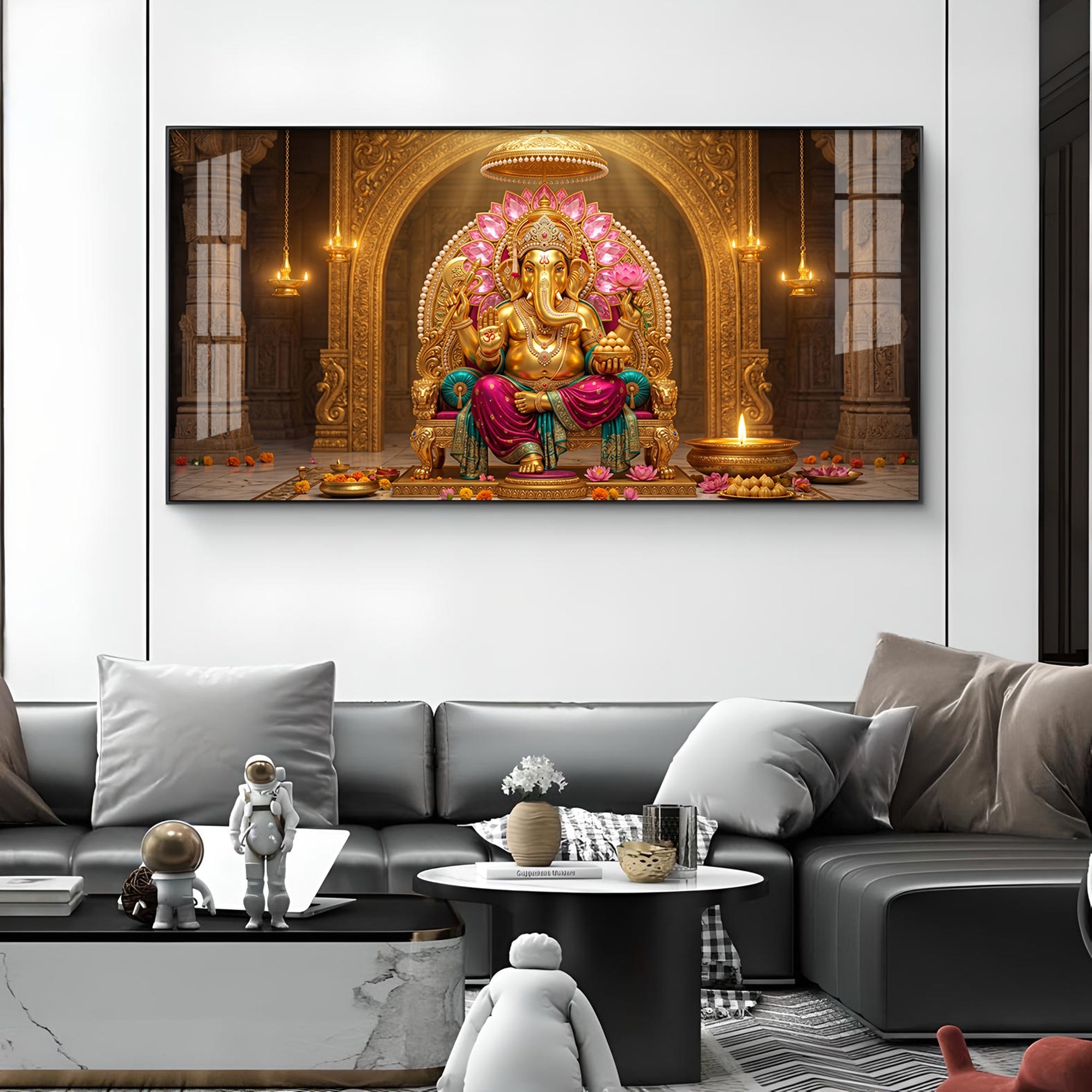Hindu Lord Ganesha Glass Finish Horizontal Wall Art