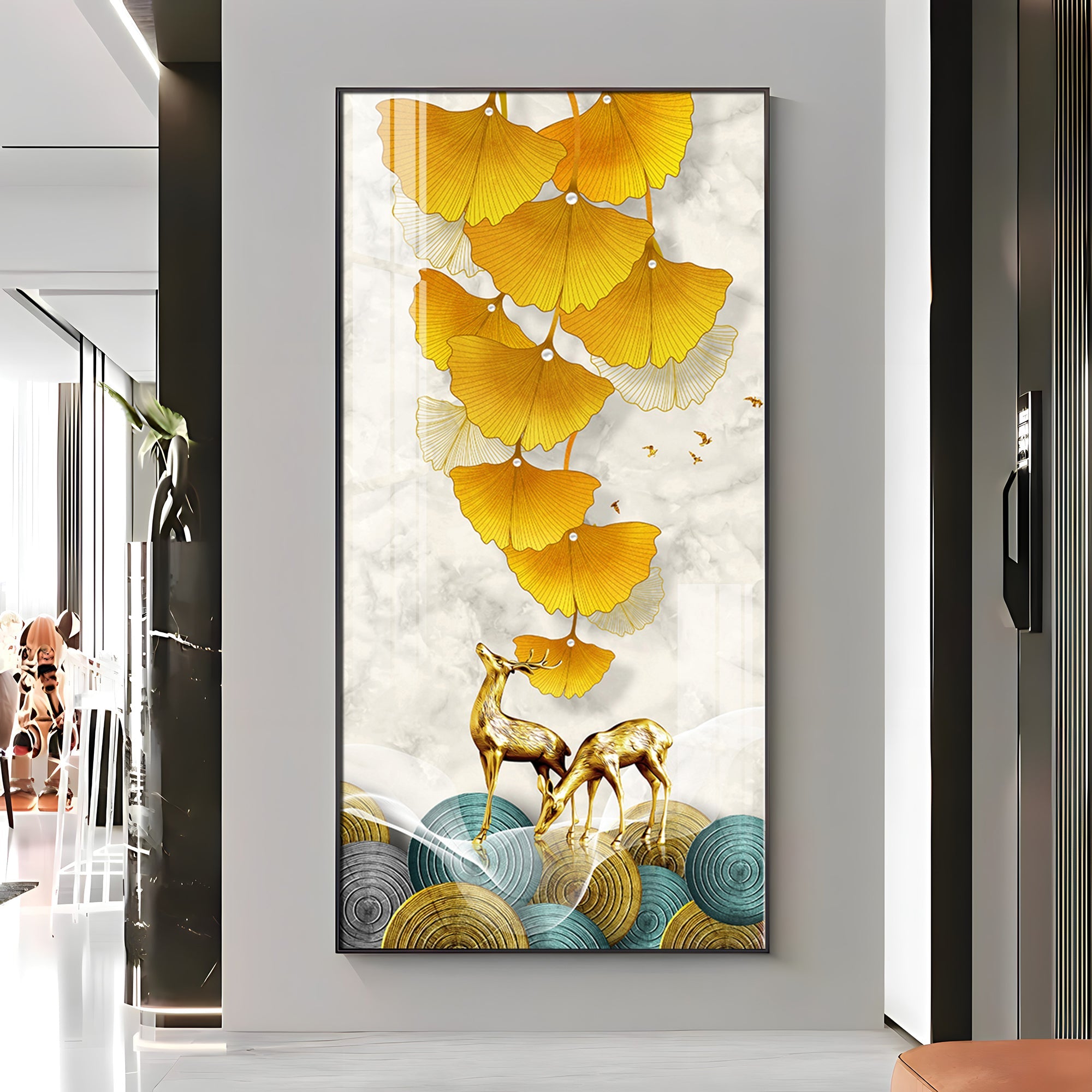 Elk Leaves With Deer Premium Acrylic Vertical Wall Art