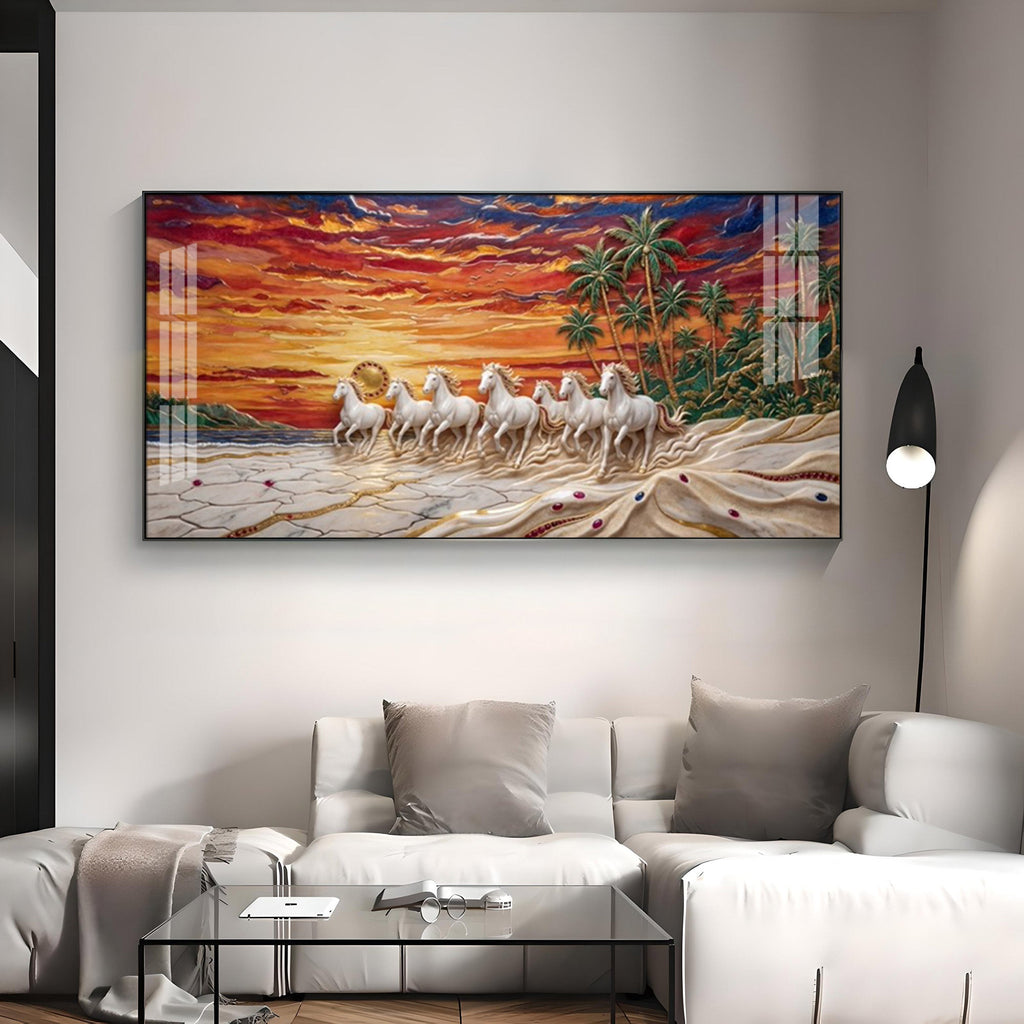 Seven Horses Vastu Glass Finish Horizontal Wall Art