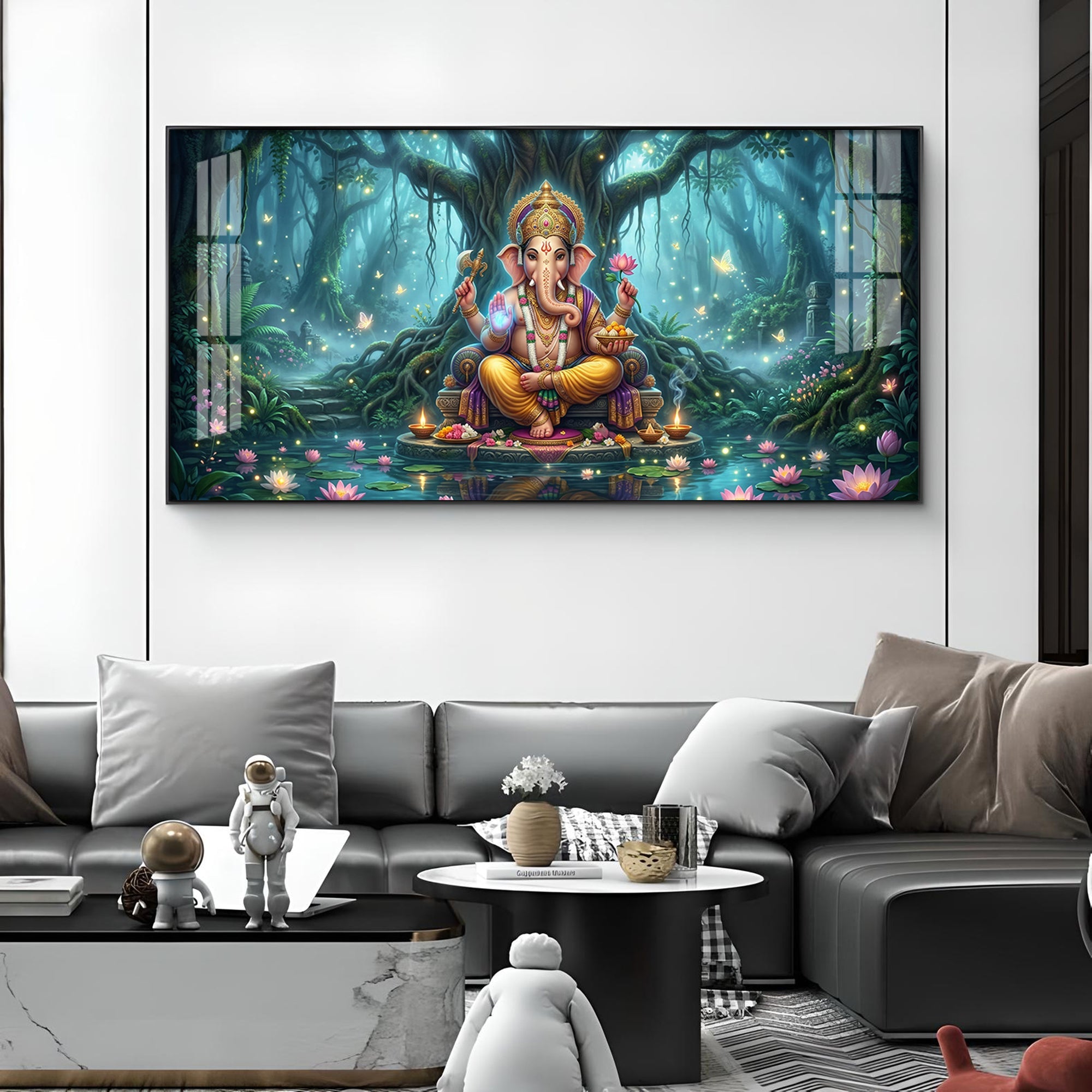 Lord Ganesh Divine Aura Glass Finish Horizontal Wall Art