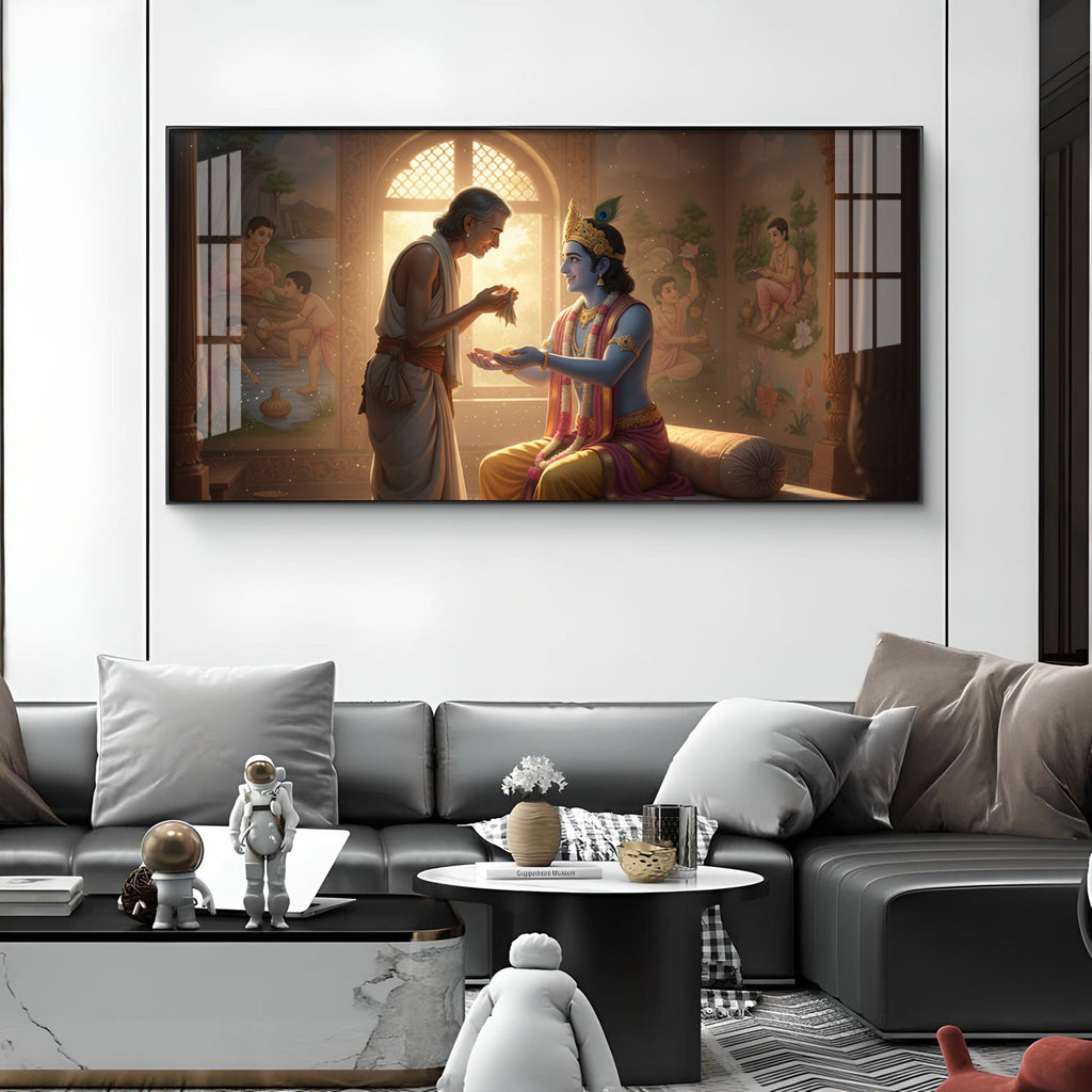 Shree Krishna With Sudama Ji Glass Finish Horizontal Wall Art